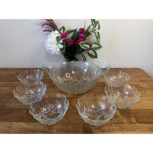 Vintage KIG Indonesia Floral Etched Glass Bowl Set Scalloped Pressed Glass Retro